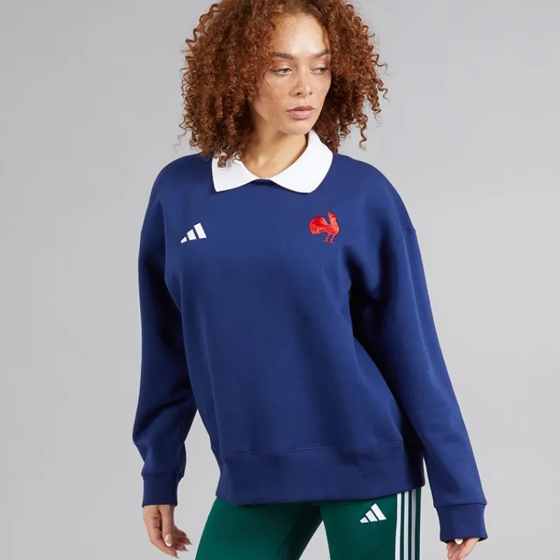 Discount adidas Dame FFC Frankrig Rugby Langærmet Sweatshirt Dark Blue/Hvid