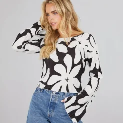 Discount Vero Moda Dame Kendal Langærmet Bådudskæring Flared Top Sort Monokrom Blomst