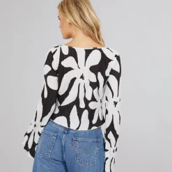 Discount Vero Moda Dame Kendal Langærmet Bådudskæring Flared Top Sort Monokrom Blomst