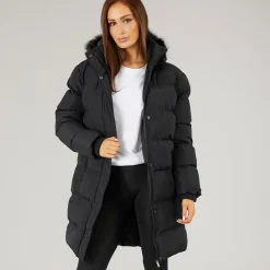 Closure London Dame Lang Lang Faux Fur Parka med Hætte Sort