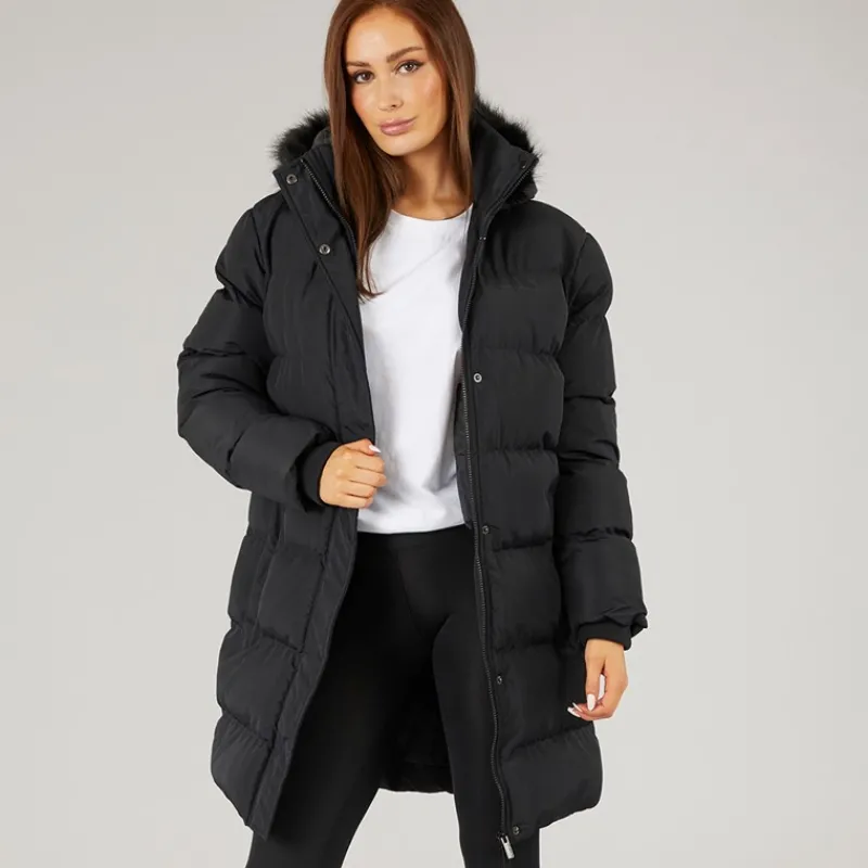 Closure London Dame Lang Lang Faux Fur Parka med Hætte Sort
