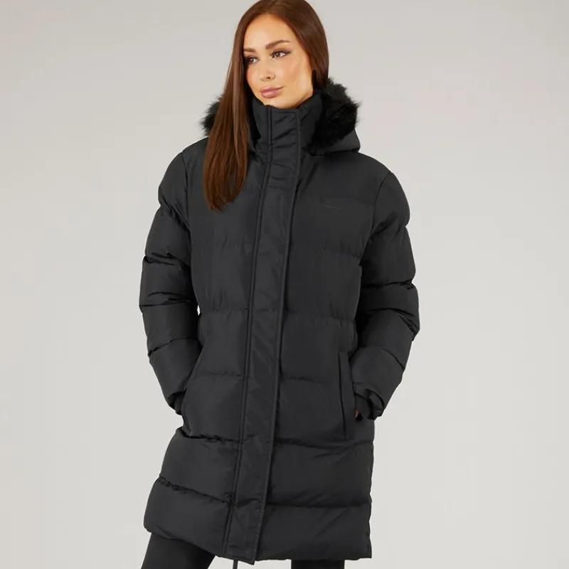 Closure London Dame Lang Lang Faux Fur Parka med Hætte Sort