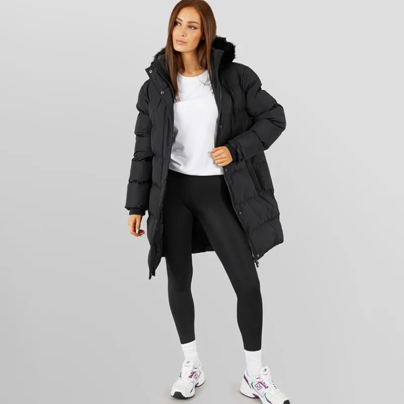 Closure London Dame Lang Lang Faux Fur Parka med Hætte Sort