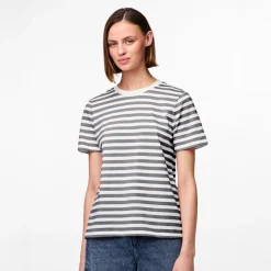 Pieces Dame Ria Stribet T-shirt Ultimate Grey