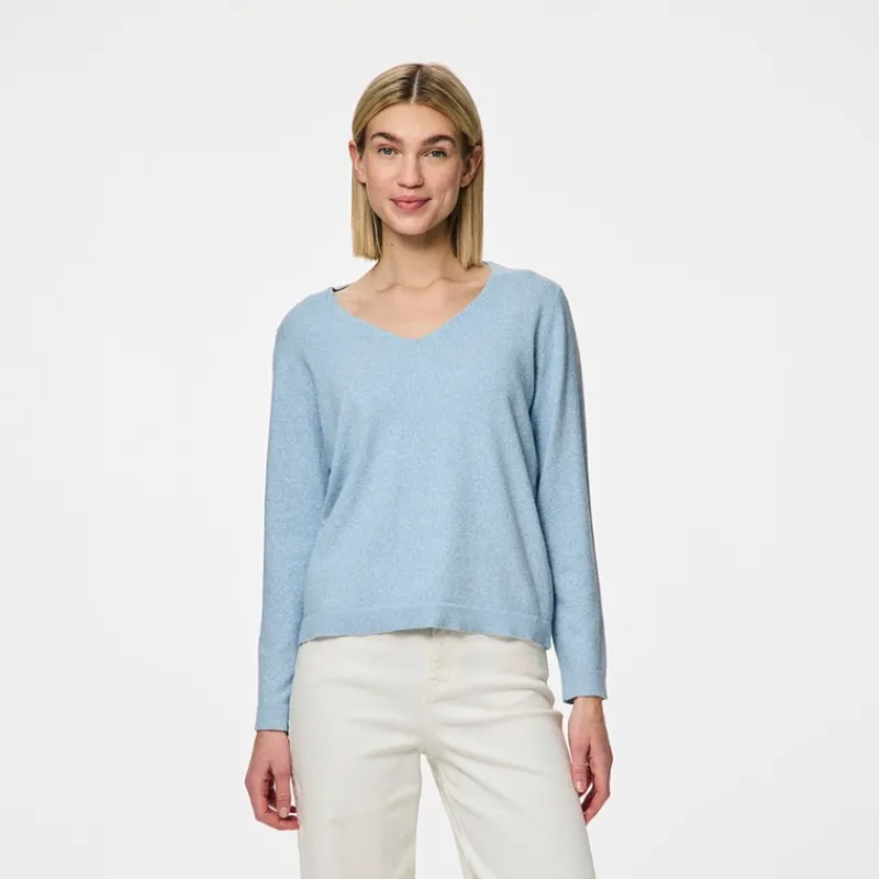 Outlet Pieces Dame striktrøje V hals Cashmere Blue