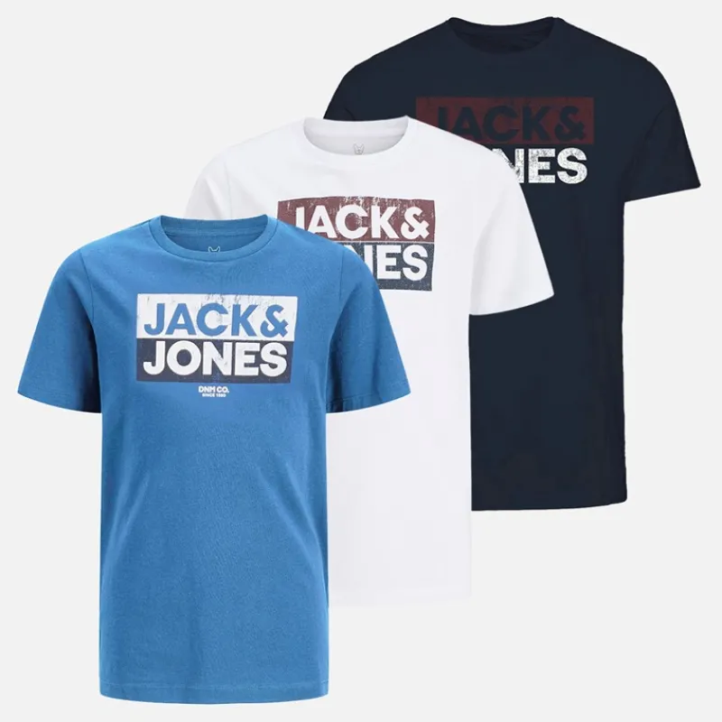Best JACK & JONES Drenge Atfal Tre Pakke T-shirts Colbalt Blå / Hvid / Navy Print