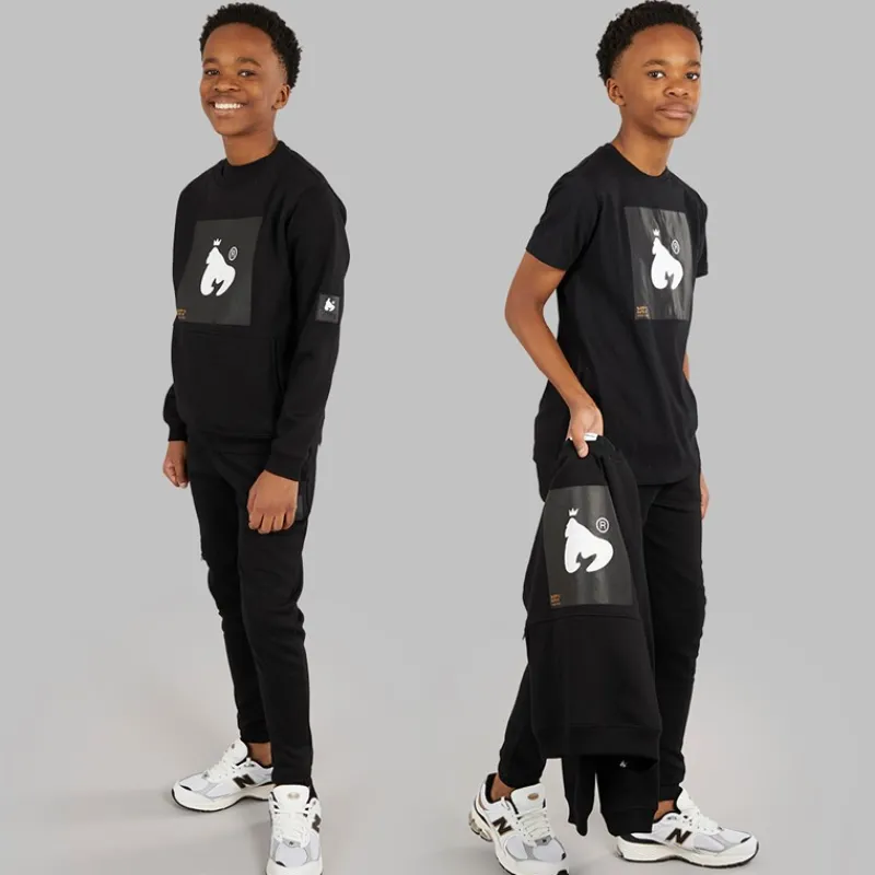 Hot Money Drenge kombi patch t-shirt sweatshirt og joggingbukser træningssæt Sort