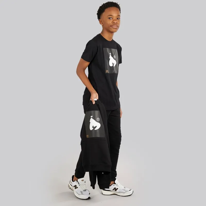Hot Money Drenge kombi patch t-shirt sweatshirt og joggingbukser træningssæt Sort