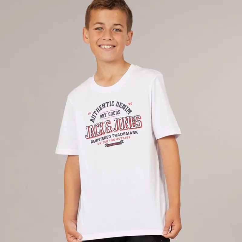 Best JACK & JONES Drenge Logo T-Shirt Hvid Print/Navy Blazer/Ægte Rød