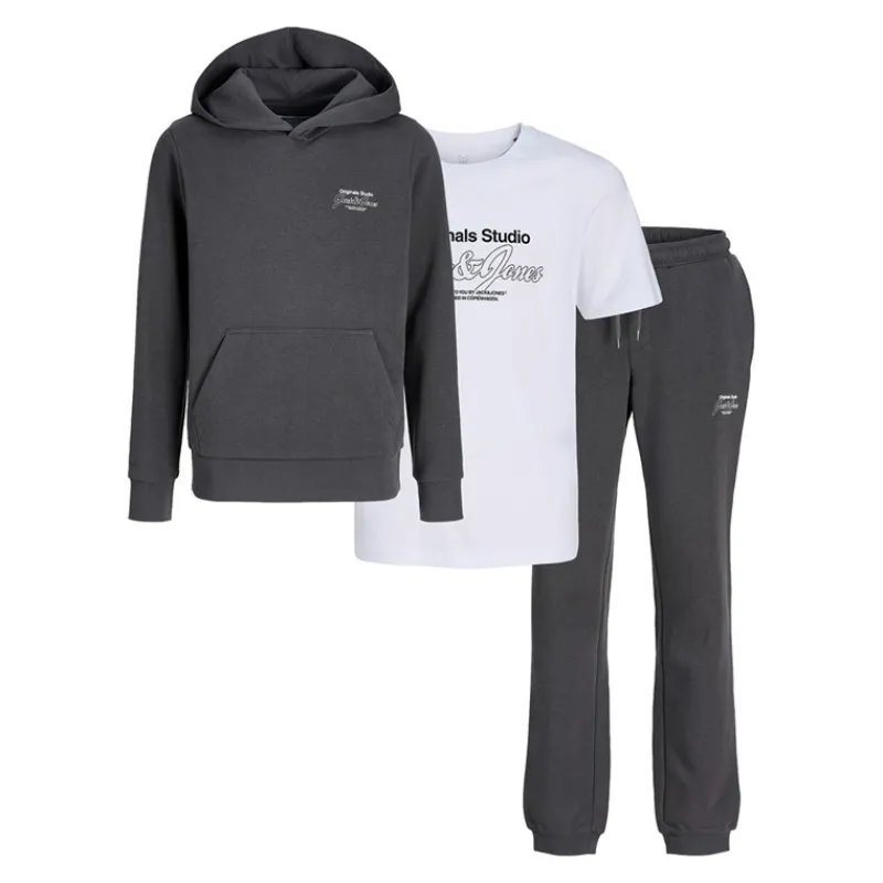 JACK & JONES Drenge Niko Hætte Tre Delt Træningsdragt Og T-Shirt Sæt Asfalt/Hvid