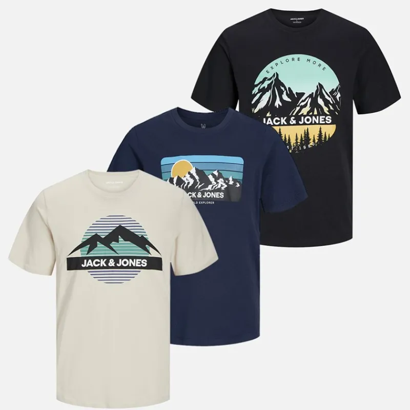Best JACK & JONES Drenge Peak Rund Hals Tre Pakke T-shirts Sort / Måne Stråle / Marineblå