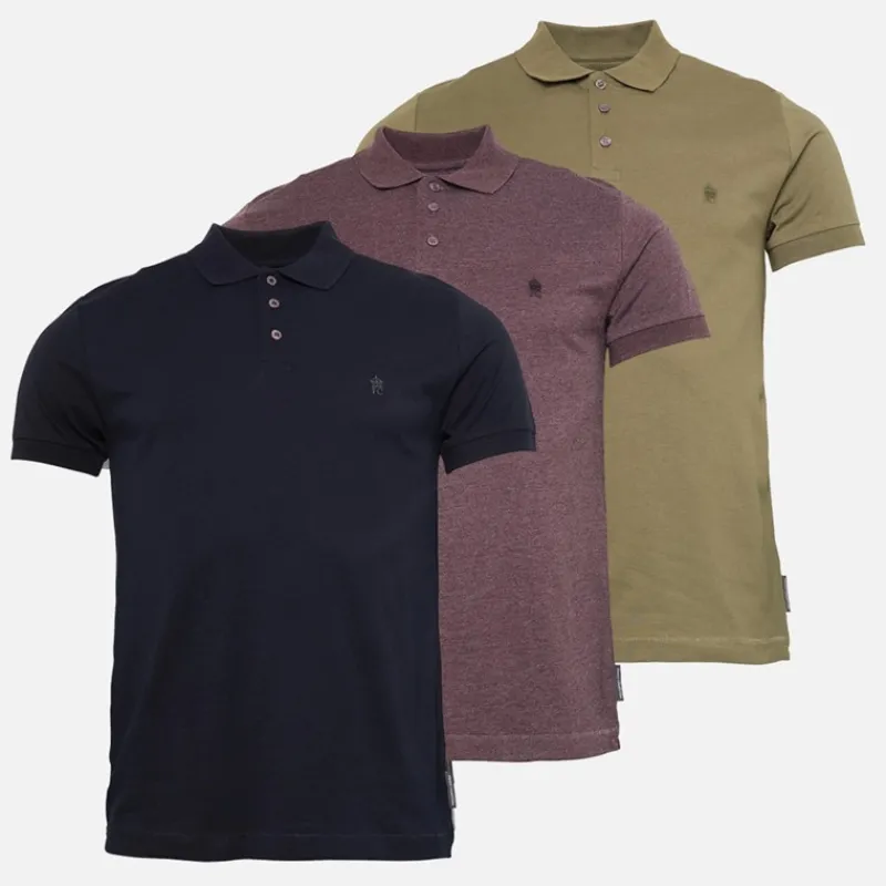 Discount French Connection Herre 3 pak jersey polo skjorter Multi 6 - Marine/Chateaux Melange/Khaki Flerfarvet