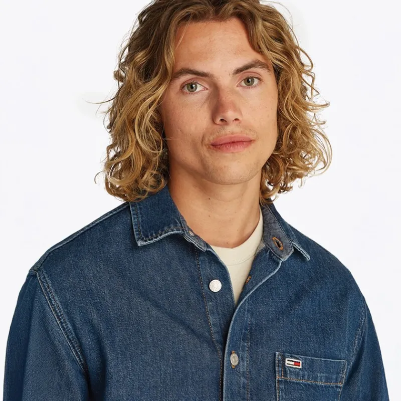 Best Tommy Jeans Herre Almindelig Langærmet Skjorte Denim Medium