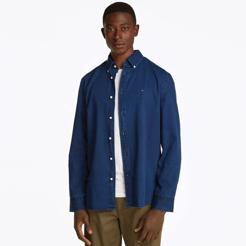 New Tommy Hilfiger Herre Chambray Langærmet Skjorte Mørk Blå Chambray