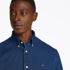 New Tommy Hilfiger Herre Chambray Langærmet Skjorte Mørk Blå Chambray