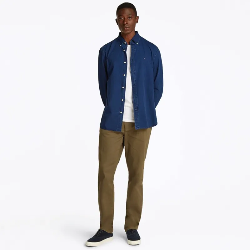 New Tommy Hilfiger Herre Chambray Langærmet Skjorte Mørk Blå Chambray