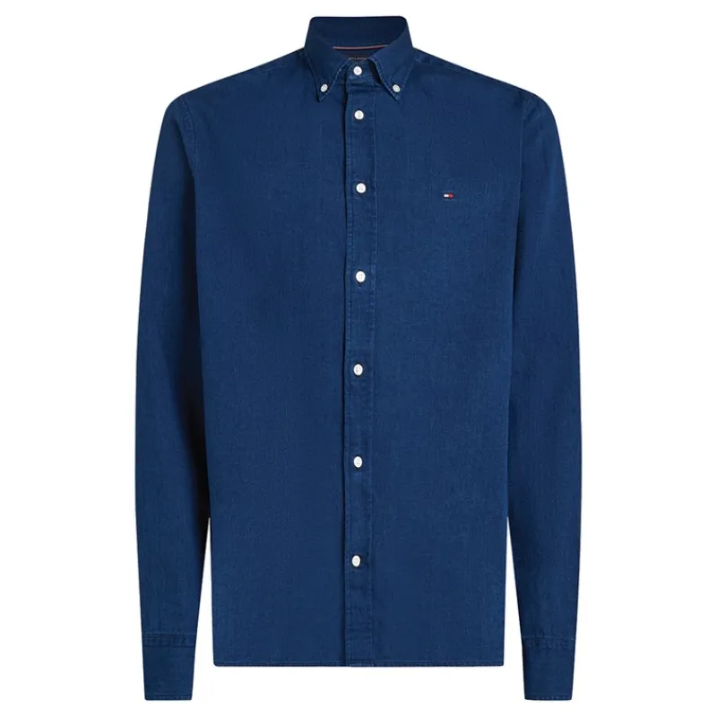 New Tommy Hilfiger Herre Chambray Langærmet Skjorte Mørk Blå Chambray