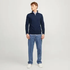 Hot JACK & JONES Herre Emil Strik 1/2 Zip Jumper Navy Marineblå