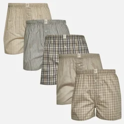 Best French Connection Herre Fem Pak Vævede Boksershorts Multi 5 Taupe/Taupe Ecru Check/Taupe Ecru Check/Taupe Ecru Gingham/Taupe Ecru Stribe Flerfarvet
