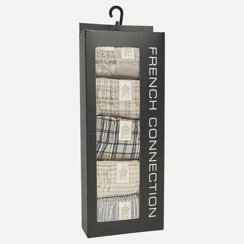 Best French Connection Herre Fem Pak Vævede Boksershorts Multi 5 Taupe/Taupe Ecru Check/Taupe Ecru Check/Taupe Ecru Gingham/Taupe Ecru Stribe Flerfarvet