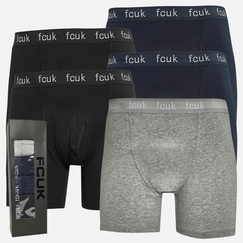 Discount French Connection Herre Fem Pakke FCUK Lang Boxer Underbukser FCUK 80 Sort / Marine / Lys Grå Melange / Sort / Marine