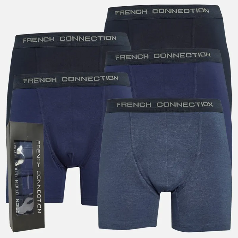 Discount French Connection Herre Five Pack FC Lange Boxer Trunks FC80 Marine/Fransk Blå/Mid Blue Melange/Marine/Fransk Blå