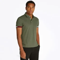 New Tommy Hilfiger Herre Flag Manchet Slim Fit Polo Battle Grøn