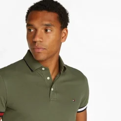 New Tommy Hilfiger Herre Flag Manchet Slim Fit Polo Battle Grøn