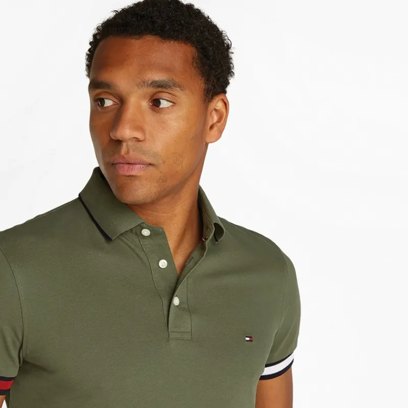 New Tommy Hilfiger Herre Flag Manchet Slim Fit Polo Battle Grøn