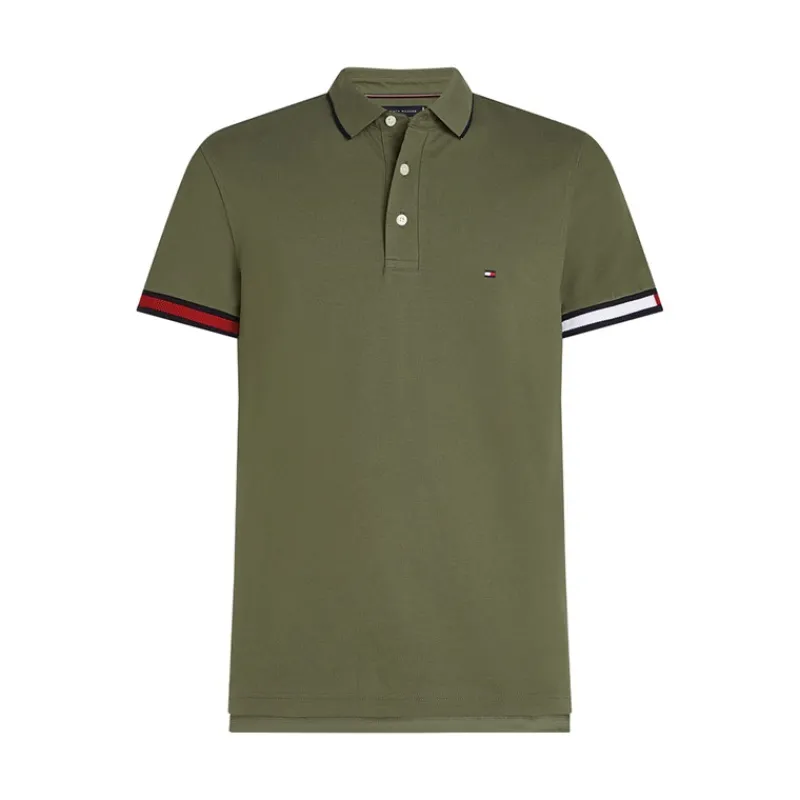 New Tommy Hilfiger Herre Flag Manchet Slim Fit Polo Battle Grøn