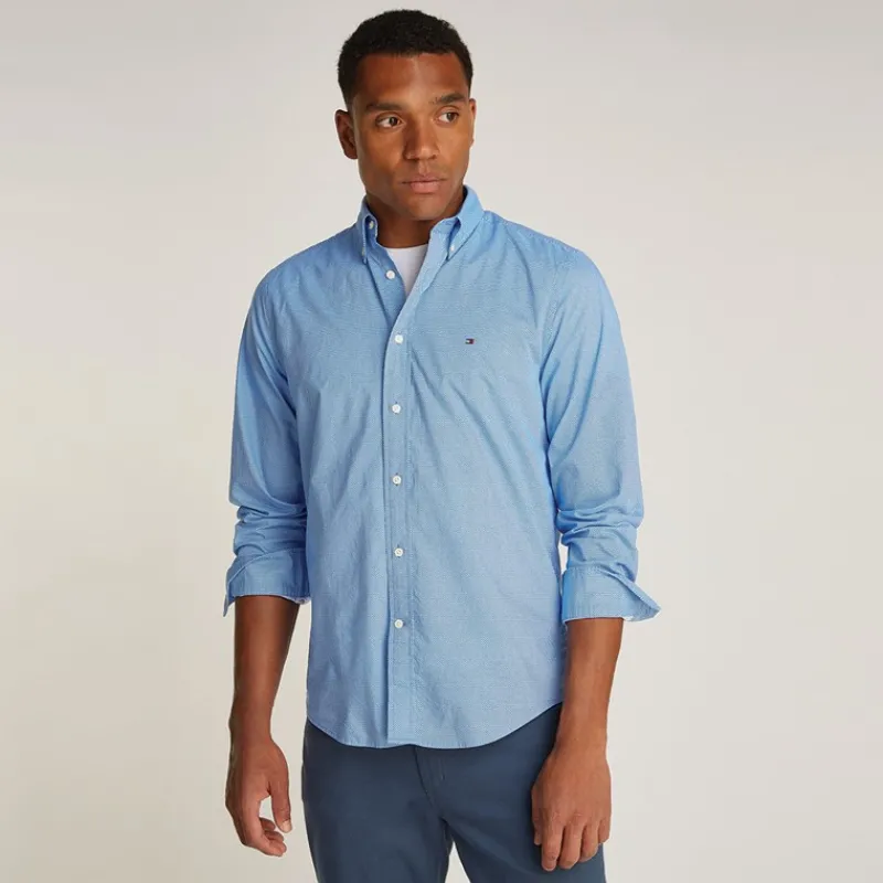 Hot Tommy Hilfiger Herre Flex Poplin Fake Lange Ærme Skjorte Night Sky Port