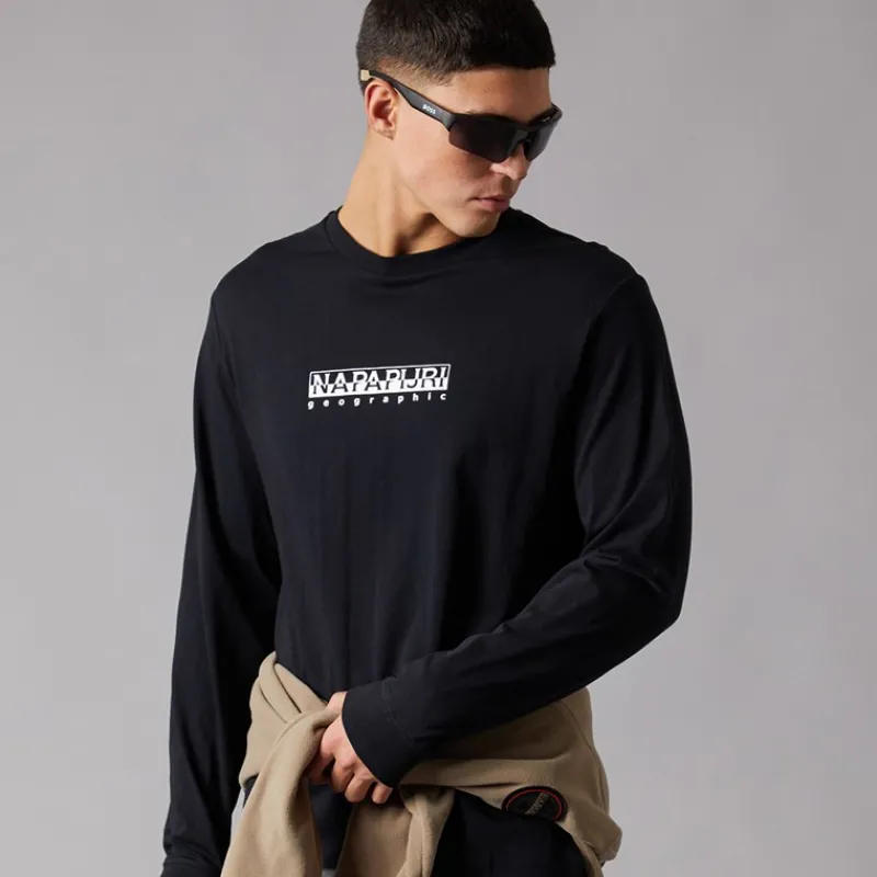 Best Napapijri Herre Grid Ryggen Grafisk Langærmet T-shirt Black 041