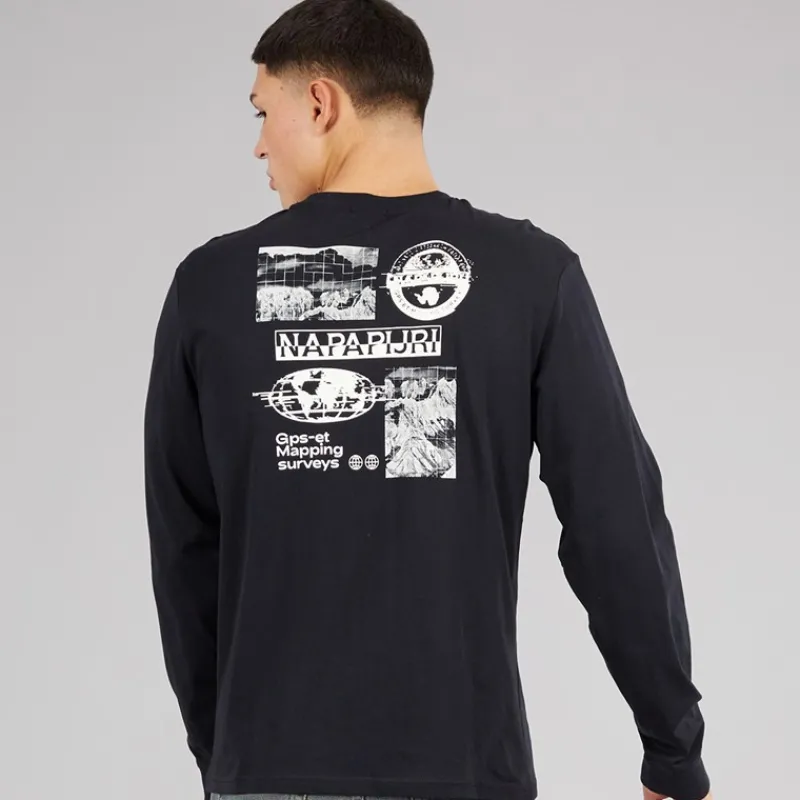 Best Napapijri Herre Grid Ryggen Grafisk Langærmet T-shirt Black 041