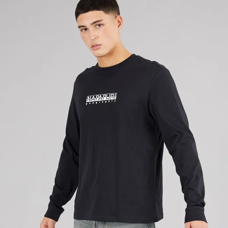 Best Napapijri Herre Grid Ryggen Grafisk Langærmet T-shirt Black 041