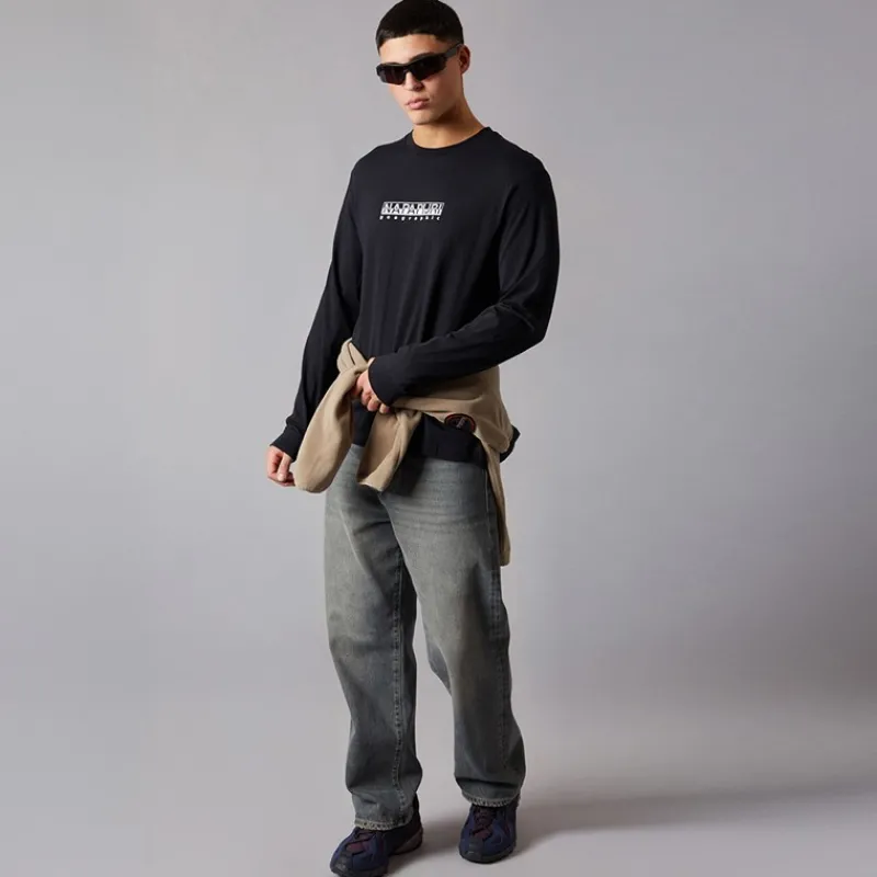 Best Napapijri Herre Grid Ryggen Grafisk Langærmet T-shirt Black 041