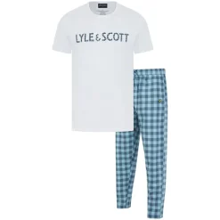 Discount Lyle And Scott Vintage Herre Holden T-shirt og ternede loungesæt Bright White/​Blue Check