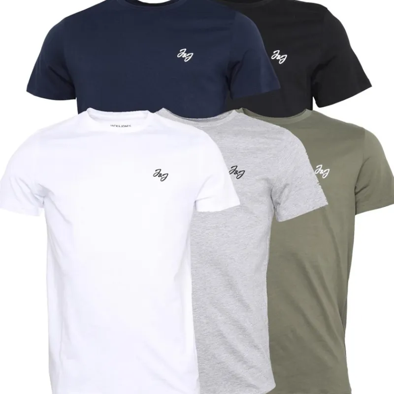 New JACK & JONES Herre Joseph Fem Pakke T-shirts Marineblå / Hvid / Grå / Støvet Oliven / Sort