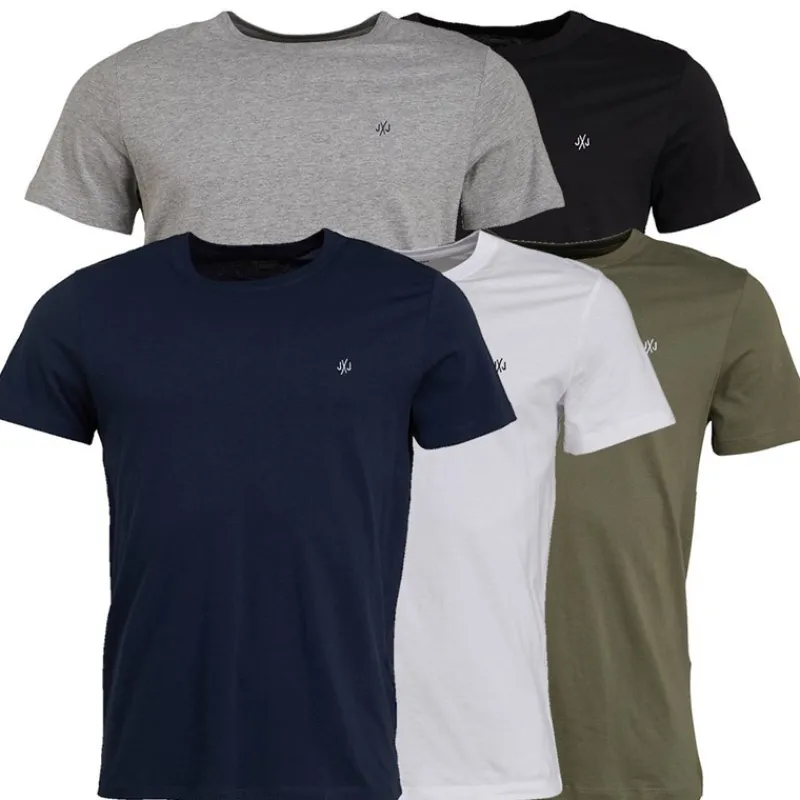 Hot JACK & JONES Herre JXJ Fem-pak T-shirts Blå/Hvid/Grå/Khaki/Sort