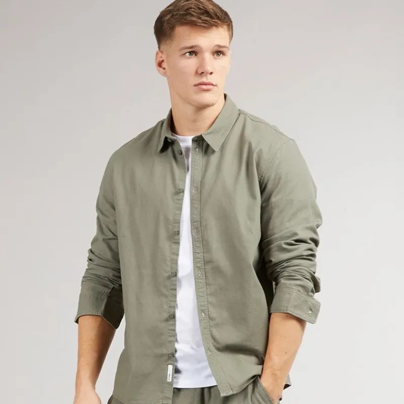 Outlet Solid Herre Langærmet Skjorte Dusty Olive kakigrøn