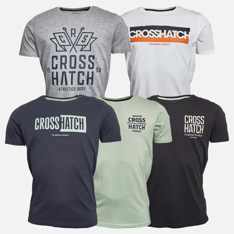 Clearance Crosshatch Herre Logotime Fem Pakke T-shirts Sort/Hvid/Navy/Mint/Grå Marl