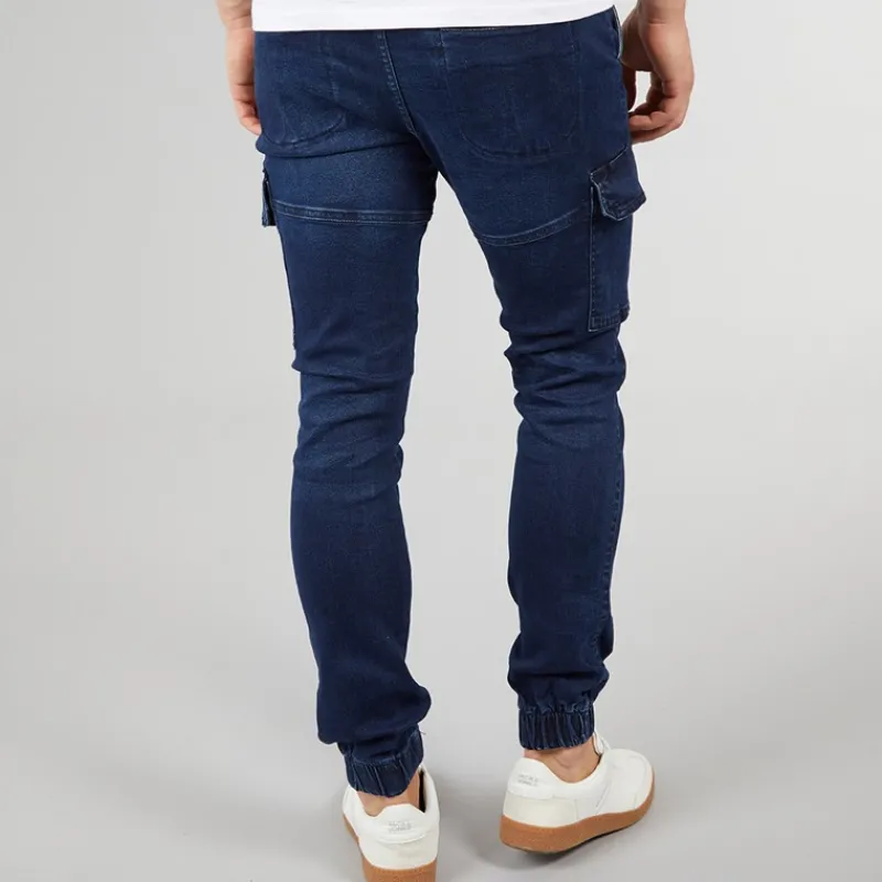 New Crosshatch Herre Malimore Denim Manchet Cargo Bukser Mørk Vask Blå