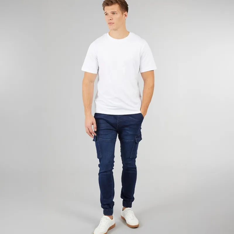 New Crosshatch Herre Malimore Denim Manchet Cargo Bukser Mørk Vask Blå