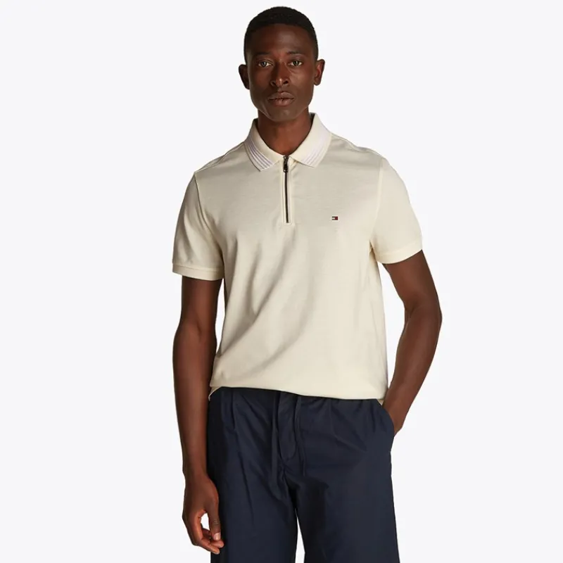 Best Tommy Hilfiger Herre Merceriseret Pique Polo med Lynlås Ivory Petal