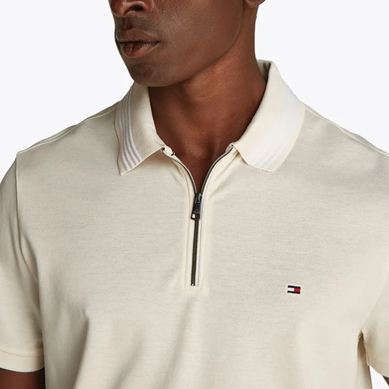 Best Tommy Hilfiger Herre Merceriseret Pique Polo med Lynlås Ivory Petal