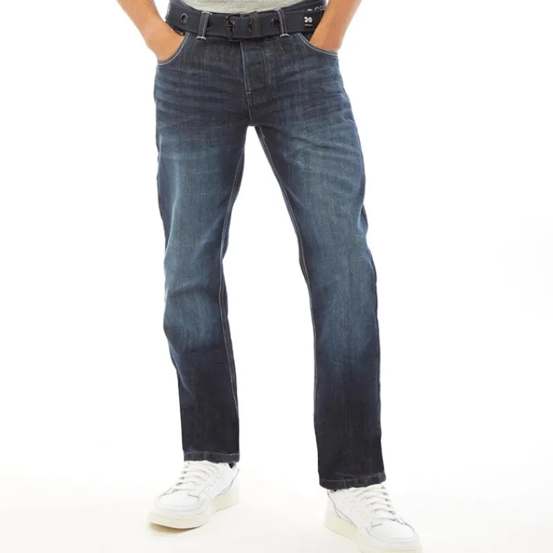 New Crosshatch Herre Nye Prægede Techno Straight Fit Jeans Mørk Vask Blå