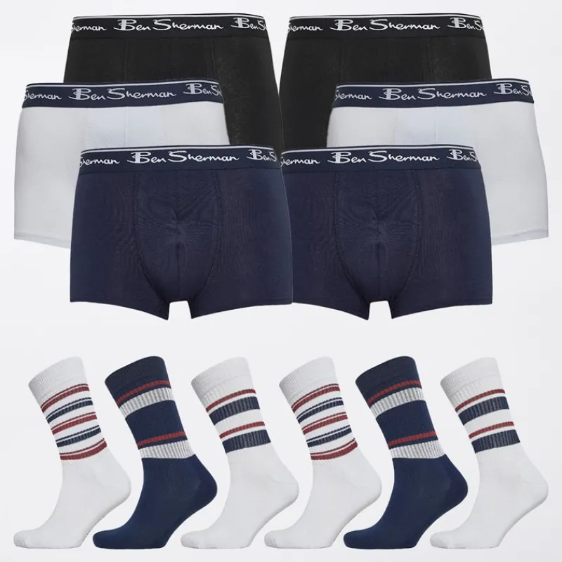 Hot Ben Sherman Herre 6-pak Boxer og 6-pak Sokke Gavesæt Hvid/Sort/Navy Flerfarvet