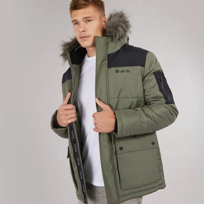 Outlet Bench Herre Pelsbesat Hætteforsynet Vatteret Ripstop Parka Khaki/Sort kakigrøn