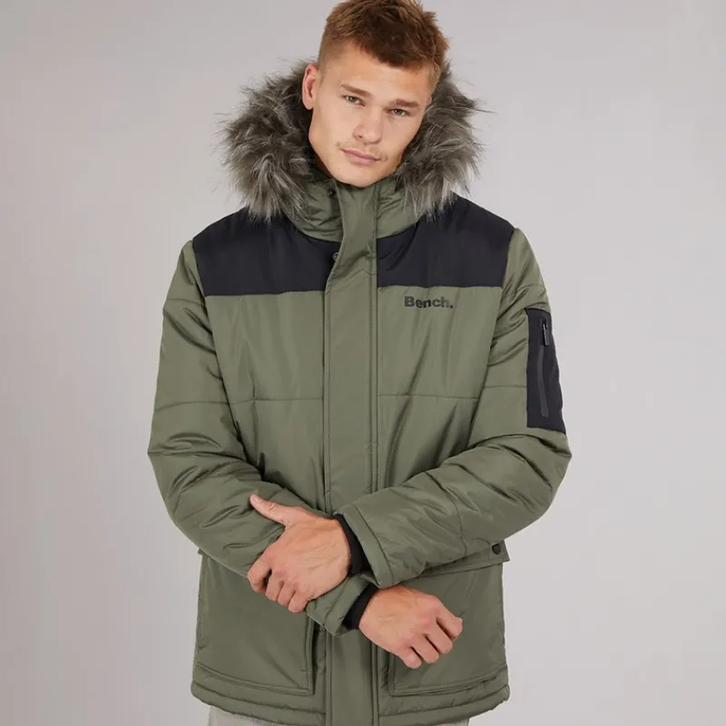 Outlet Bench Herre Pelsbesat Hætteforsynet Vatteret Ripstop Parka Khaki/Sort kakigrøn