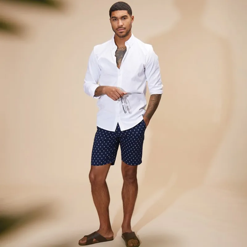 Discount Ben Sherman Herre Poplin Stribet Print Resort Shorts Mørkeblå