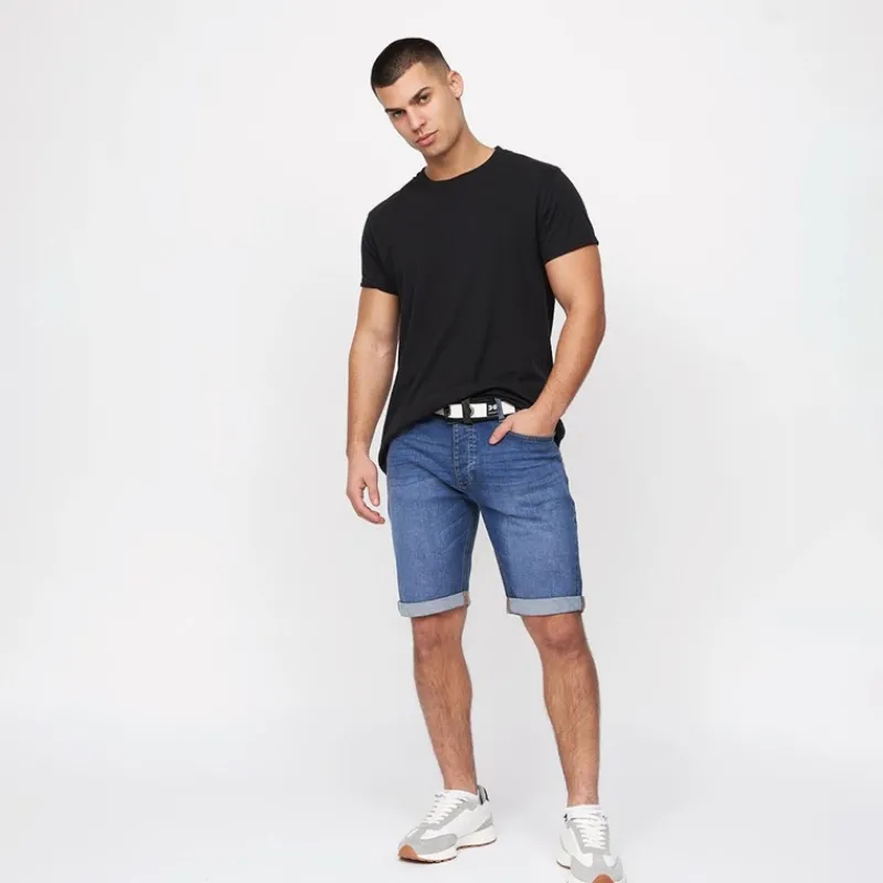 Outlet Crosshatch Herre Reestier Denim Shorts Mellem Vask Mellemblå